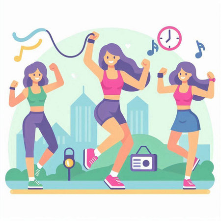 Fitness women running in the park. Vector illustration in flat styleのイラスト素材