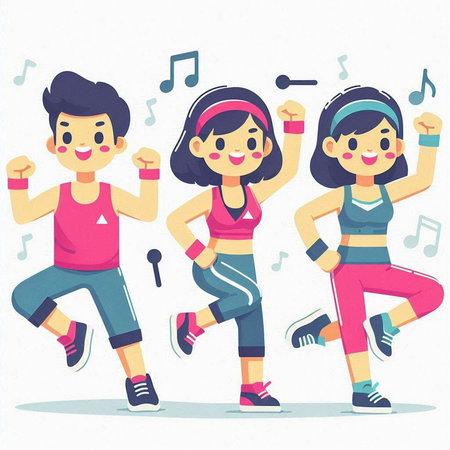 Young people in sportswear running and listening to music. Vector illustration.のイラスト素材