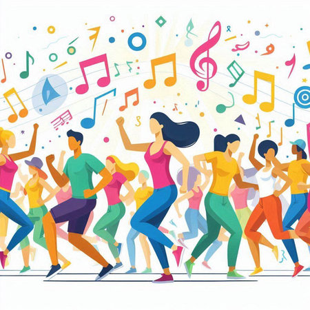 Group of people dancing and listening to music. Vector flat illustration.のイラスト素材