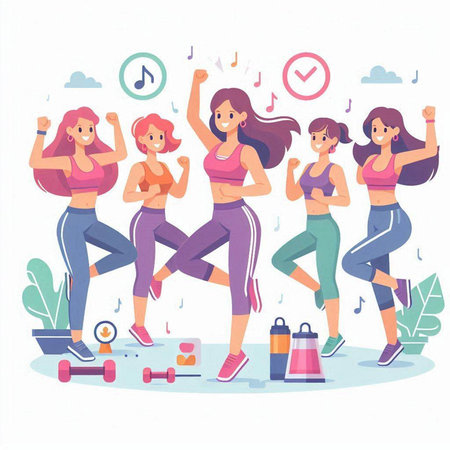 Vector illustration of a group of girls running in the gym. Fitness and healthy lifestyle.のイラスト素材