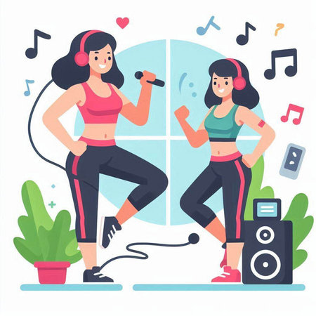 Sporty young women in headphones with microphone. Flat vector illustration.のイラスト素材