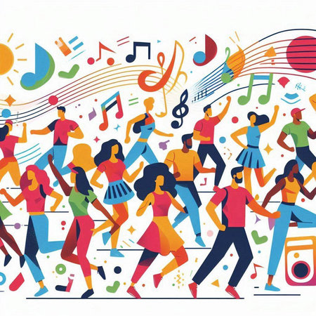Music festival with dancing people and musical notes, flat vector illustration.のイラスト素材
