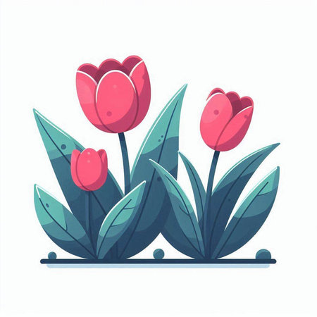 Beautiful red tulips with green leaves. Vector illustration in cartoon style.のイラスト素材