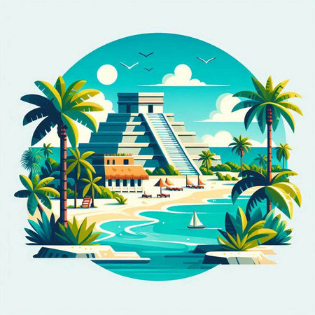 Mayan pyramid and palm trees on the beach. Vector illustration.のイラスト素材