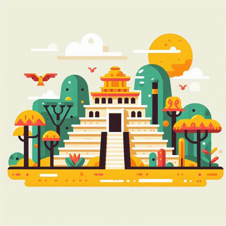 Chinese temple in the park. Vector illustration in flat design style.のイラスト素材