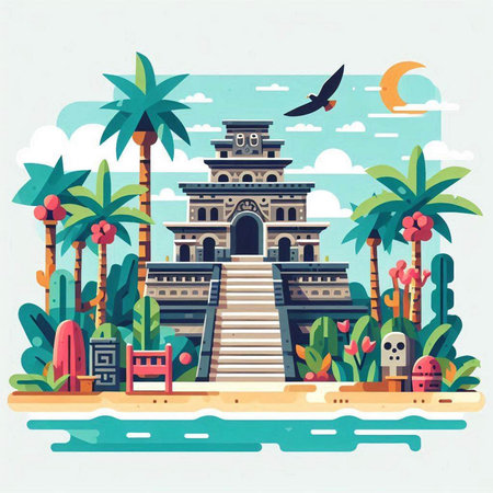 Ancient temple on the beach. Vector illustration in flat cartoon style.のイラスト素材