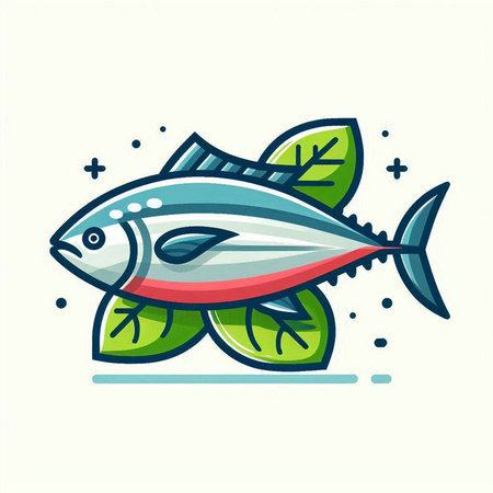 Tuna fish with leaves. Vector illustration in flat linear style.のイラスト素材