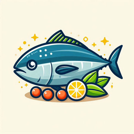 Illustration of a tuna fish with lemon on a light background.のイラスト素材