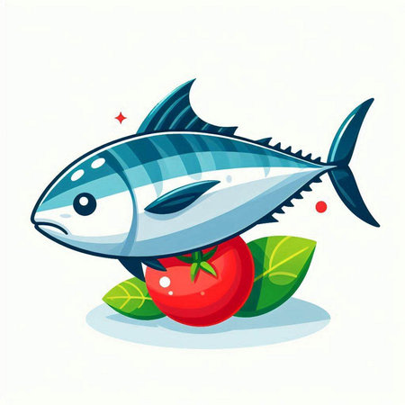 Illustration of fresh fish with tomato and basil leaves on white backgroundのイラスト素材