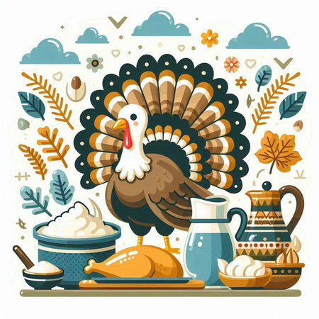 Thanksgiving day background with turkey and food. Flat vector illustration.のイラスト素材