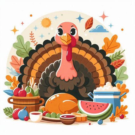Thanksgiving day vector illustration. Cute cartoon turkey with food.のイラスト素材