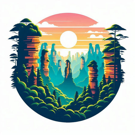 Silhouette of mountains and forest with sun. Vector illustration.のイラスト素材