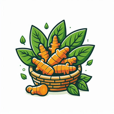 Illustration of ginger in a basket with leaves on a white backgroundのイラスト素材