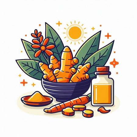 Ginger root and turmeric powder in bowl, vector illustration.のイラスト素材