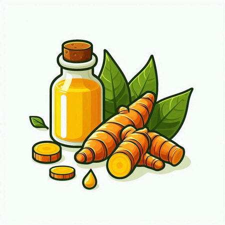 Turmeric essential oil in a glass bottle with fresh root and leaves.のイラスト素材