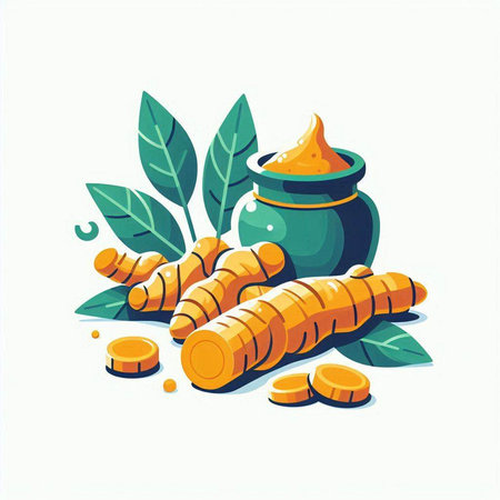 Turmeric root and turmeric powder in a pot. Vector illustration.のイラスト素材