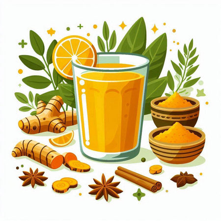 Vector illustration of a glass of turmeric latte with ingredients.のイラスト素材