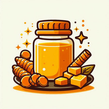 Honey jar with ginger root and brown sugar cubes. Vector illustration.のイラスト素材