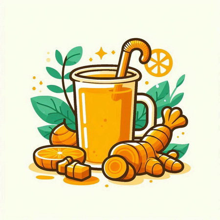 Cup of ginger tea with straw and ginger root. Vector illustration.のイラスト素材
