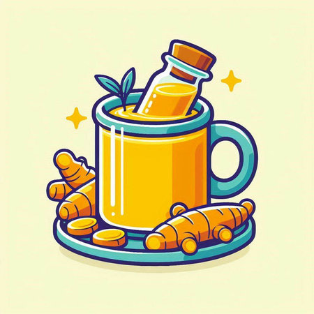 Turmeric tea in a glass cup. Vector illustration of a healthy drink.のイラスト素材