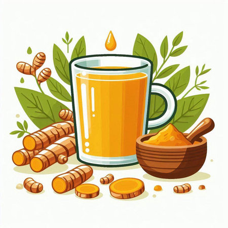 Turmeric tea with turmeric leaves and honey, vector illustration.のイラスト素材