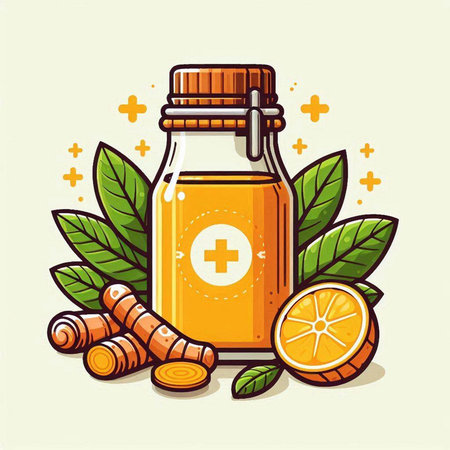 Vector illustration of a bottle of ginger essential oil with orange and leaves.のイラスト素材