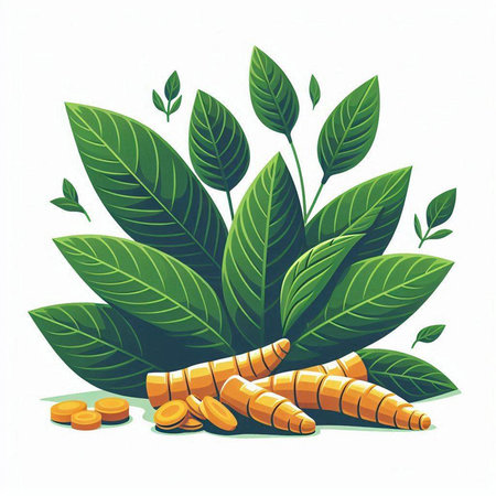 Turmeric root and leaves. Vector illustration isolated on white background.のイラスト素材