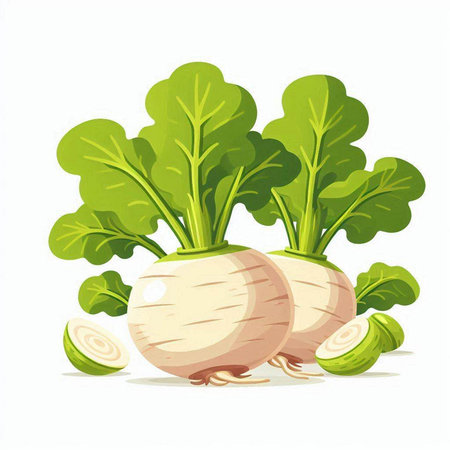 Fresh turnip with green leaves isolated on white background. Vector illustration.のイラスト素材