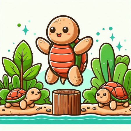 Illustration of a Cute Turtle Jumping on a Tree Stumpのイラスト素材