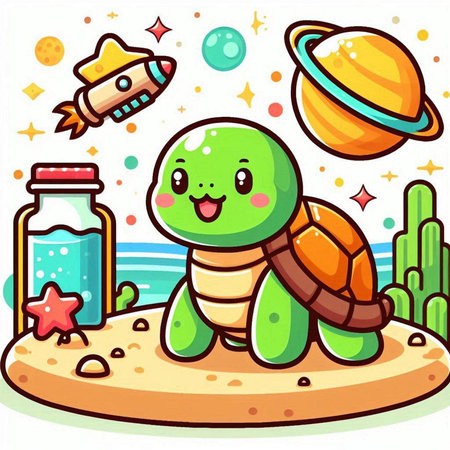 Illustration of a Cute Turtle Cartoon Character on the Beach with Space Themeのイラスト素材