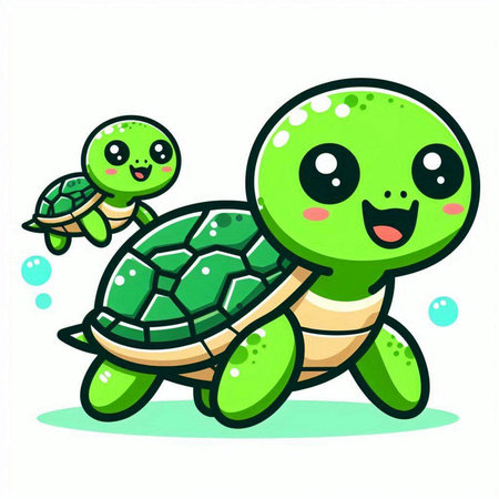 Cute Cartoon Turtle Vector Illustration. Cute Green Turtle Characterのイラスト素材