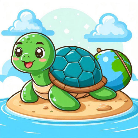 Cute turtle on the island in the sea cartoon vector illustration.のイラスト素材