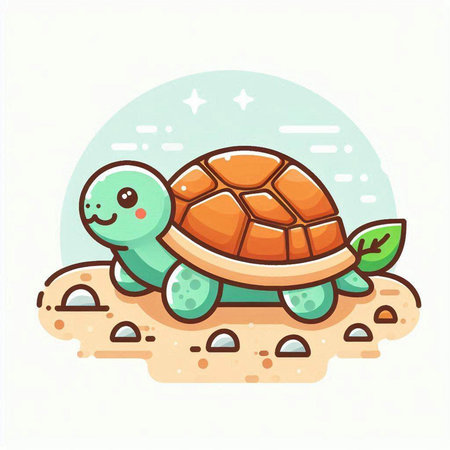 Cute cartoon turtle on the sand. Vector illustration, flat style.のイラスト素材
