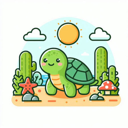 Cute little turtle in the desert. Vector illustration in flat styleのイラスト素材
