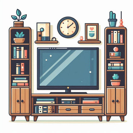 Living room with TV and bookshelf. Flat vector illustration.のイラスト素材