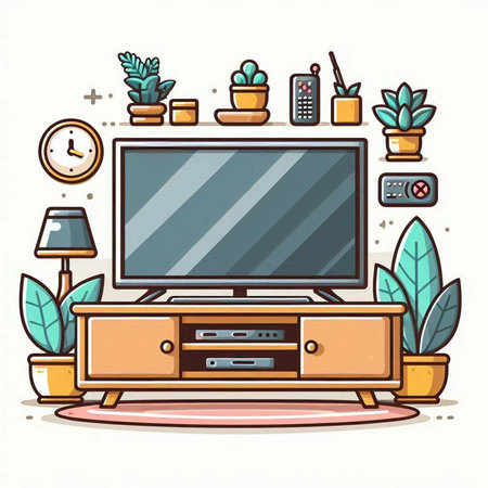 TV in living room. Vector illustration in flat style. Home interior.のイラスト素材