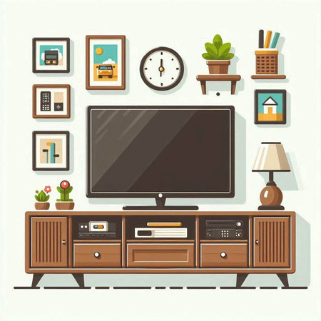 TV set on the cabinet in the living room. Vector illustration.のイラスト素材