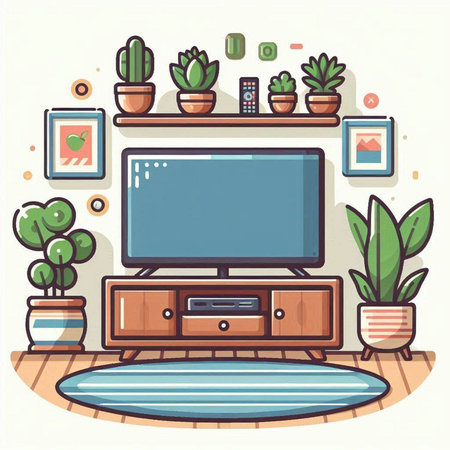 Living room with tv and plants. Vector illustration in flat style.のイラスト素材