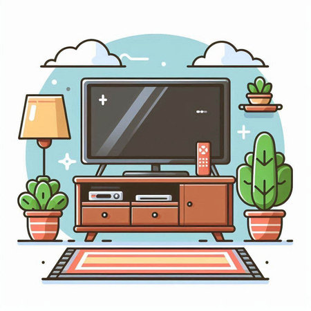 Living room with TV set. Vector illustration in flat cartoon design style.のイラスト素材
