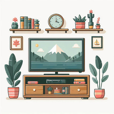 Vector illustration of a cozy living room with a TV, books, plants and a clock.のイラスト素材