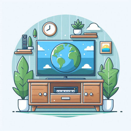 Illustration of home interior with TV set, plant, coffee cup, houseplants and clock. Flat style vector illustration.のイラスト素材