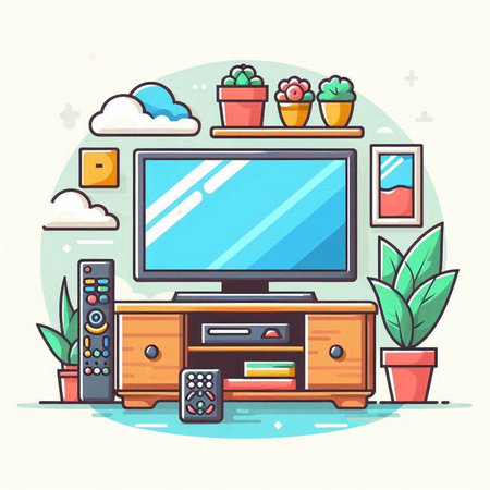 Vector illustration of modern flat design living room interior with tv, tv remote control and plants.のイラスト素材