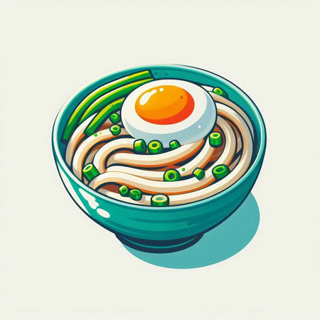 Bowl of udon noodle with egg. Vector illustration.のイラスト素材