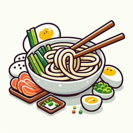 Illustration of a bowl of noodle with chopsticks and vegetablesのイラスト素材