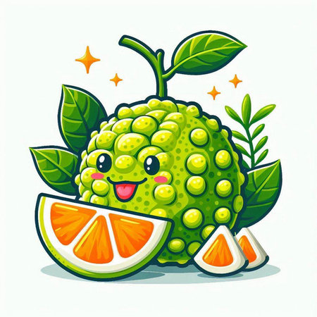 Cute kaffir lime fruit cartoon character vector illustration isolated on white backgroundのイラスト素材