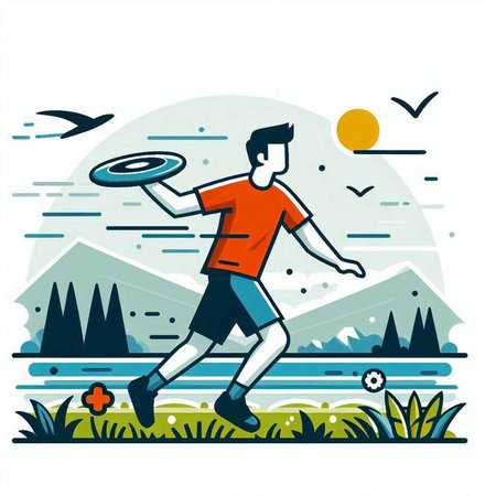 Vector illustration of a man playing football in the park. Flat style.のイラスト素材