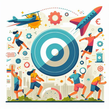 Vector flat illustration of people running in the city with a target.のイラスト素材