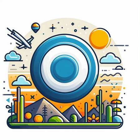 Colorful vector illustration in flat linear style with icons of mountains, sun, clouds, airplaneのイラスト素材