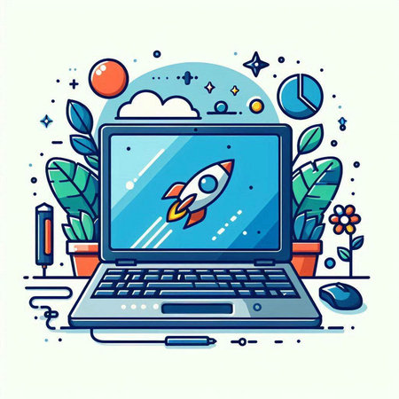 Laptop and rocket on white background. Vector illustration in flat linear style.のイラスト素材