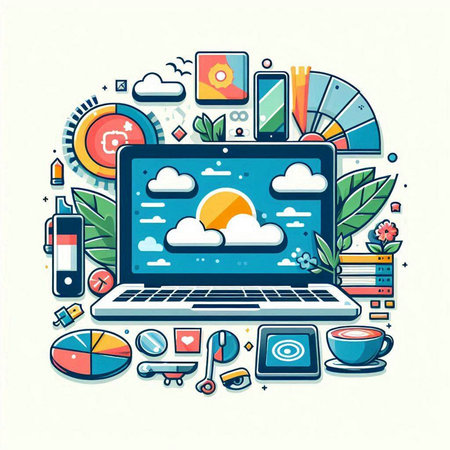 Laptop computer with cloud computing icons. Vector illustration in line art styleのイラスト素材
